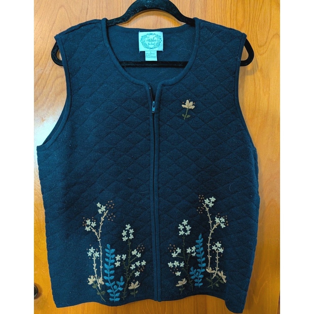 Stitches In Time Vintage Womens Sweater Vest Large Granny Embroidered Floral 90s